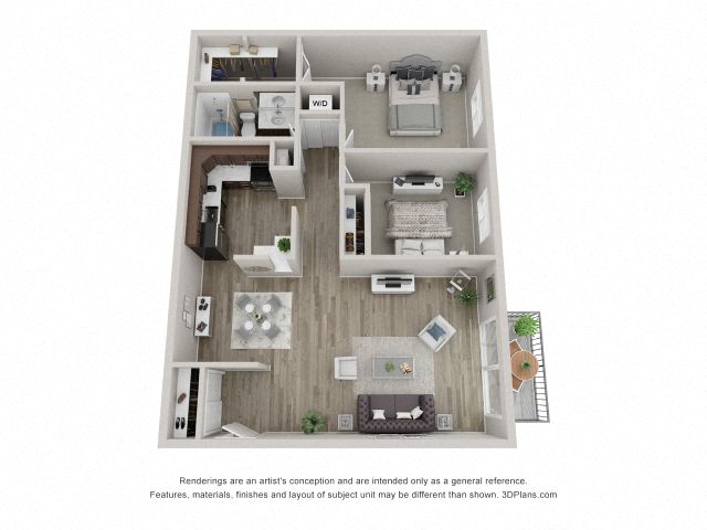 Floor plan for 2 beds, 1 bath, 965 sqft
